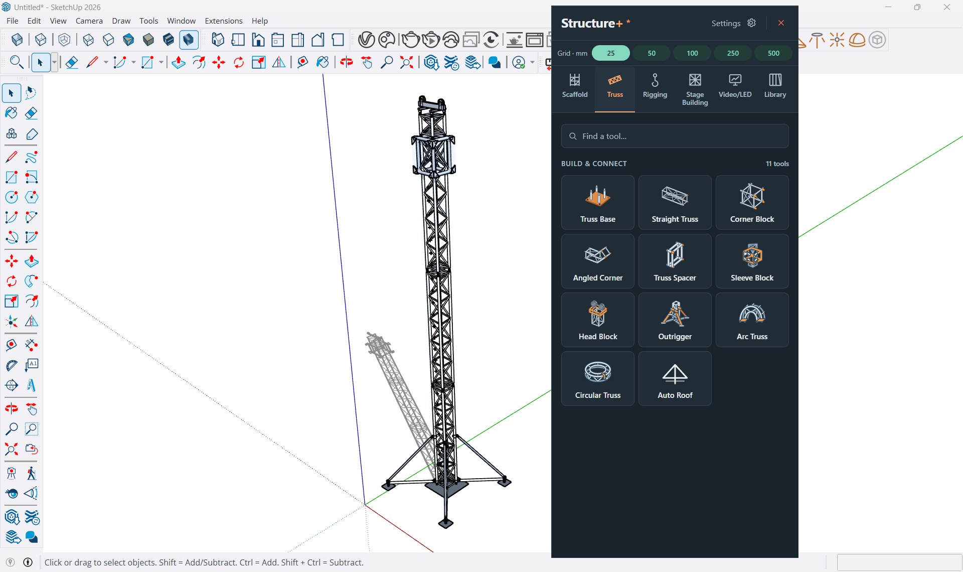 A truss ground support tower in SketchUp with outriggers, sleeve block and head block, beside the Structure+ Truss panel listing its 11 build and connect tools.