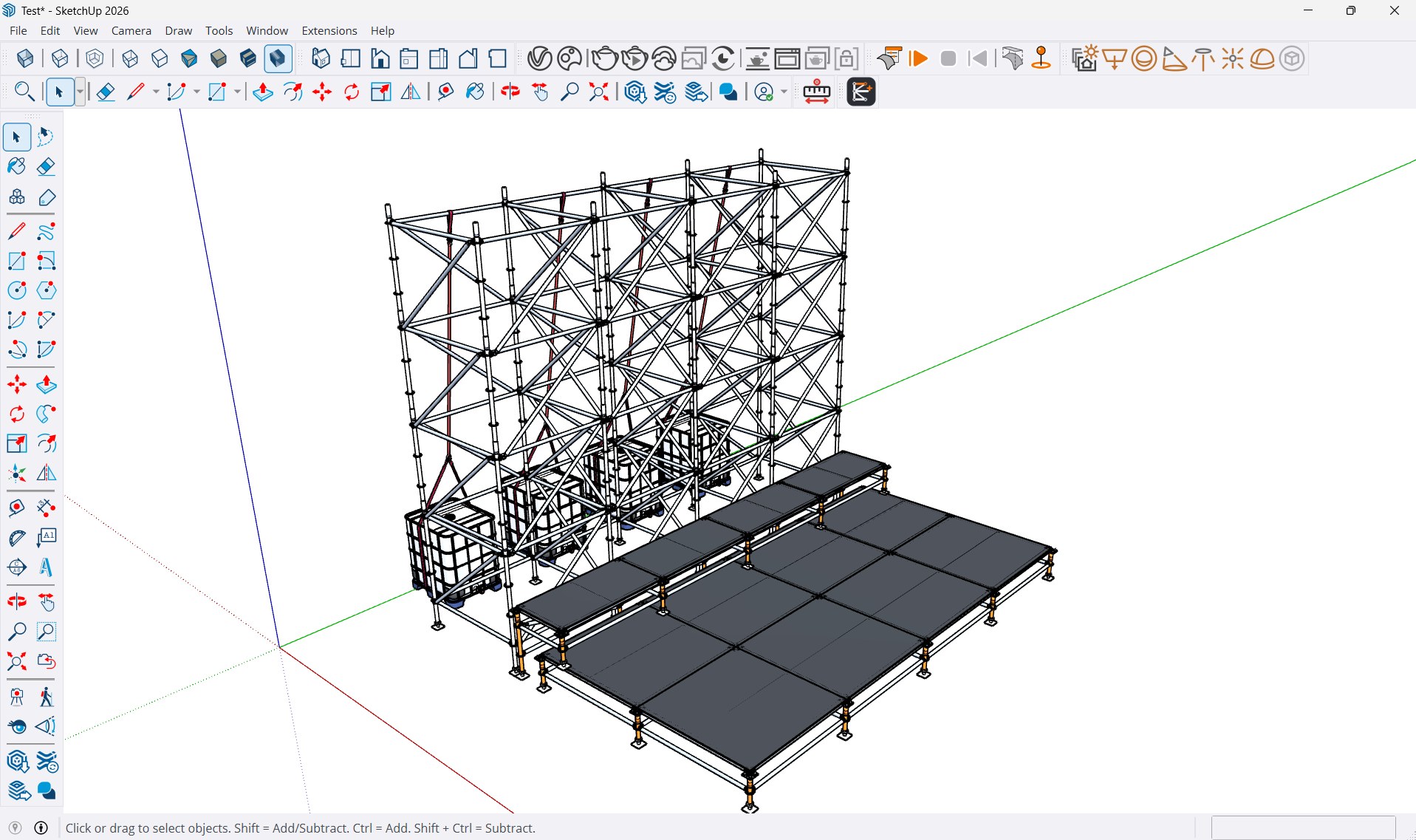 Ringlock scaffolding modelled in SketchUp with Structure+: braced scaffold towers with ledgers and water-tank ballast behind a raised stage deck on adjustable legs.
