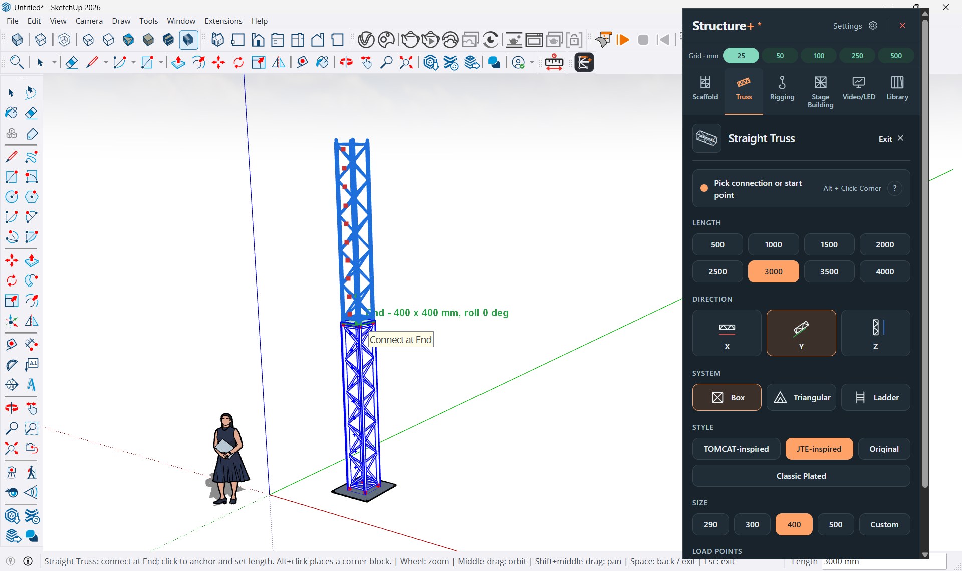 Straight Truss tool in SketchUp: connecting a 3000 mm length of 400 × 400 mm box truss to the end of a truss tower, with the Structure+ Truss panel open.
